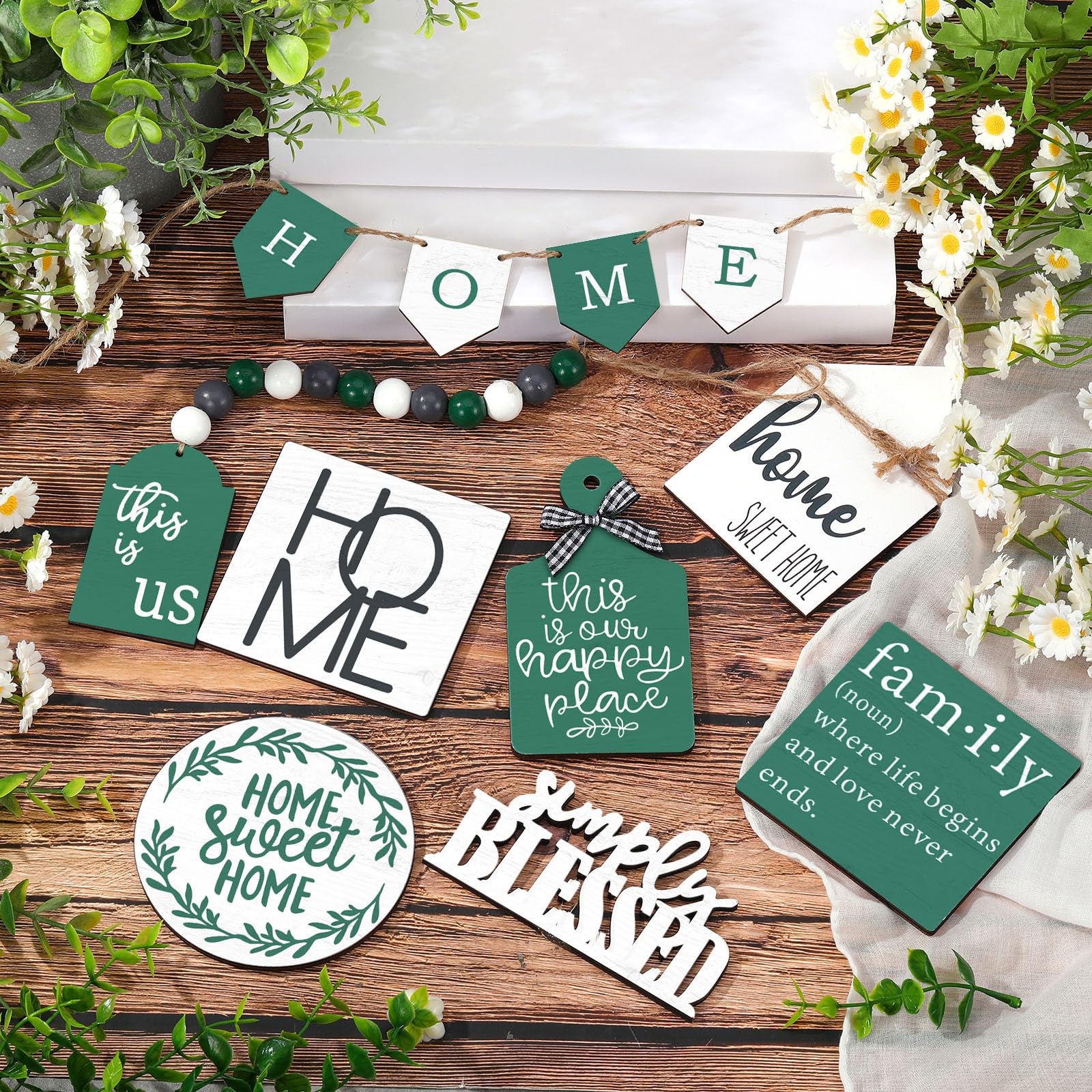 FairySandy Set of 11 Spring Farmhouse Tiered Tray Decor Rustic Spring Home Tiered Decorations Set Home Wooden Signs Green Farmho